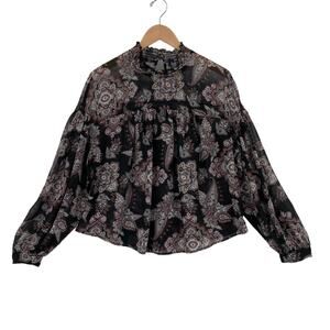 Buffalo by David Bitton Blouse Top Women M Multi Paisley Sheer Pleated Mock Neck